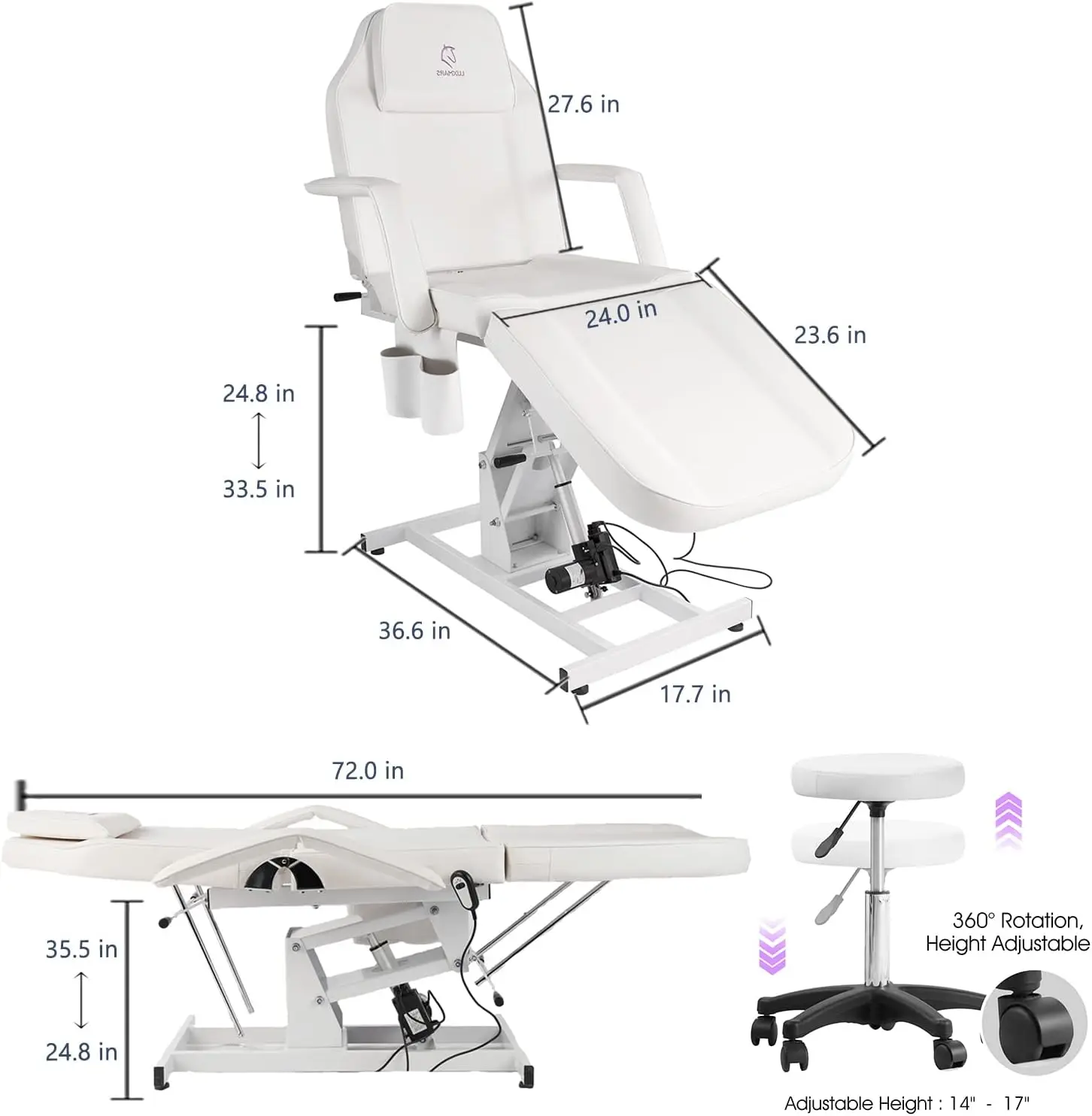 Facial Chair Electric Tattoo Chair Height Adjustable Facial Massage Bed for Esthetician Spa Beauty White