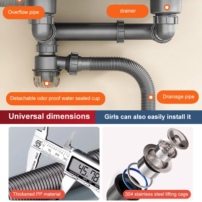 Imagem -03 - Universal Single e Double Kitchen Sink Drain Pipe Esgoto e Drenagem Acessórios Tubulação de Água Inferior Banheiro e Lavatório Conjunto Desodorante