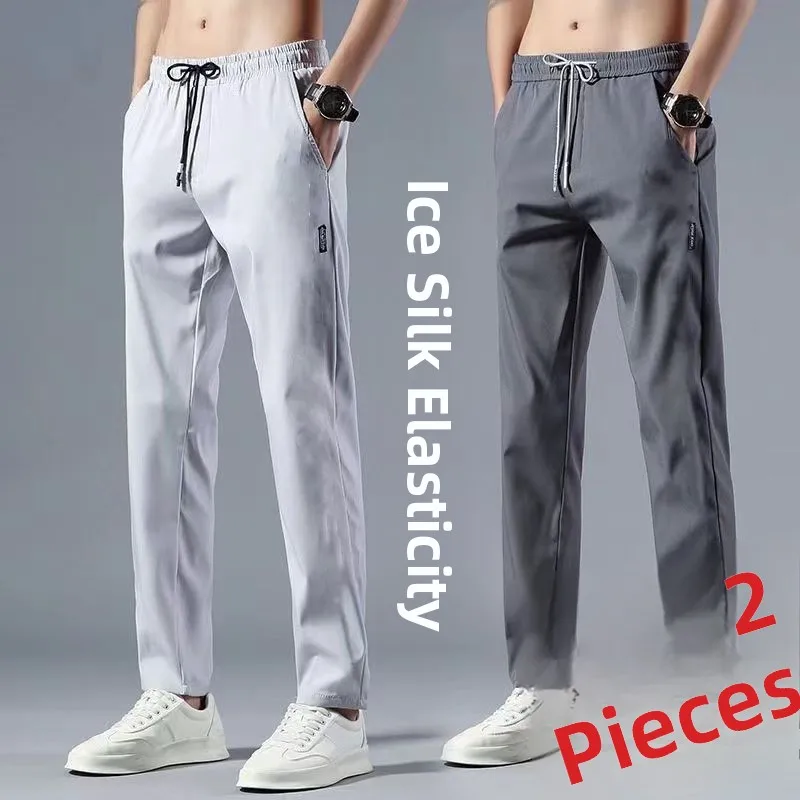 กางเกงลำลองผู้ชายผ้าไหมน้ำแข็งสำหรับฤดูร้อน ทรงหลวม เอวยางยืด ระบายอากาศ น้ำหนักเบา สำหรับหนุ่มๆ ทรงขาตรงทันสมัย...