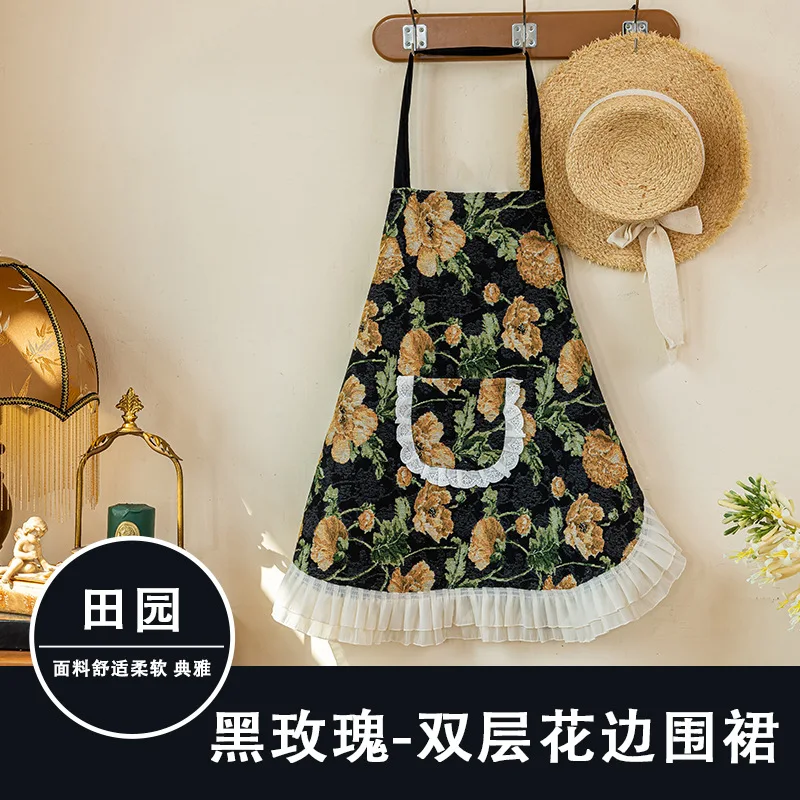 Chinese retro schort met kanten tailleband, licht luxe en esthetisch keukenschort voor thuisgebruik