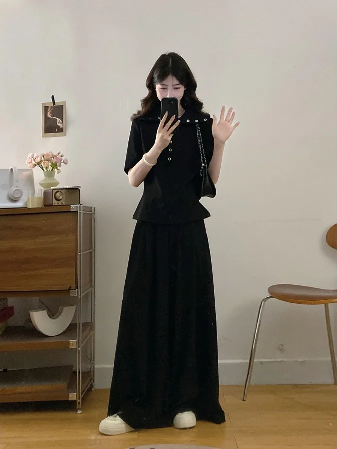 

plus Size Fashionable Neck Short Sleeve Women's Summer Korean Style Set High Waist Wide Leg Pants Slimming Effect