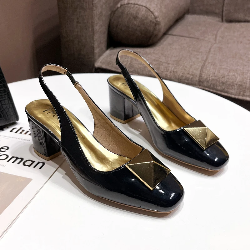 2024New Style Women Patent Leather Slingbacks Square Toe Pumps Thick High Heel Buckle Metal Decorations Fashion Shoes