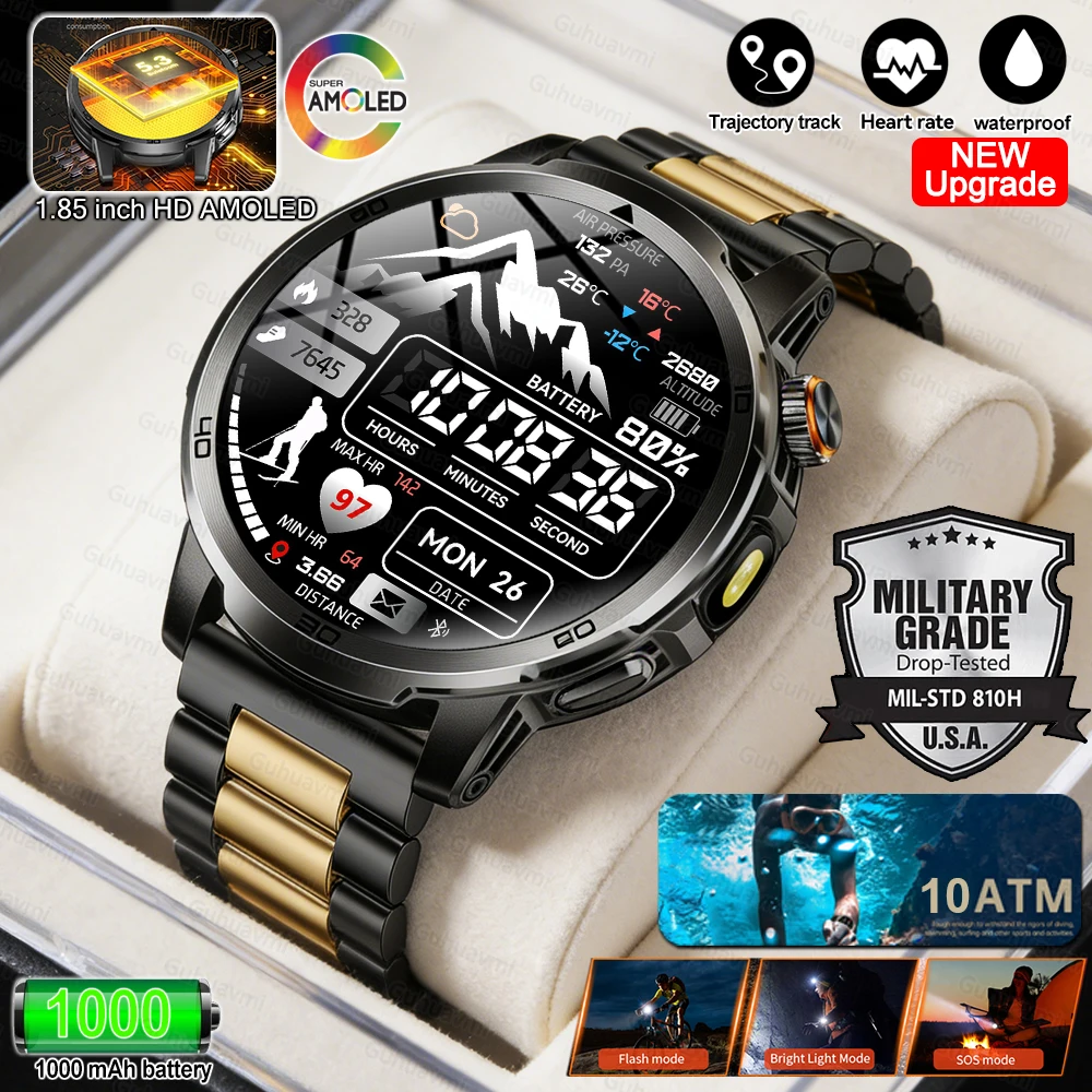 

Новые военные смарт-часы для мужчин с аккумулятором 1000 мАч, красным и белым фонариком, HD-экраном 1,85 дюйма, водонепроницаемостью 10ATM, для плавания и спорта