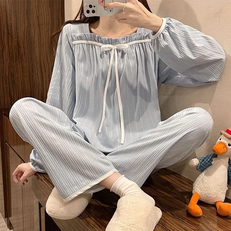 Princess Style Pajamas Women Autumn Winter Loungewear 2024 New Long Sleeved Sleepwear Oversized Square Neck Loose Homewear Set