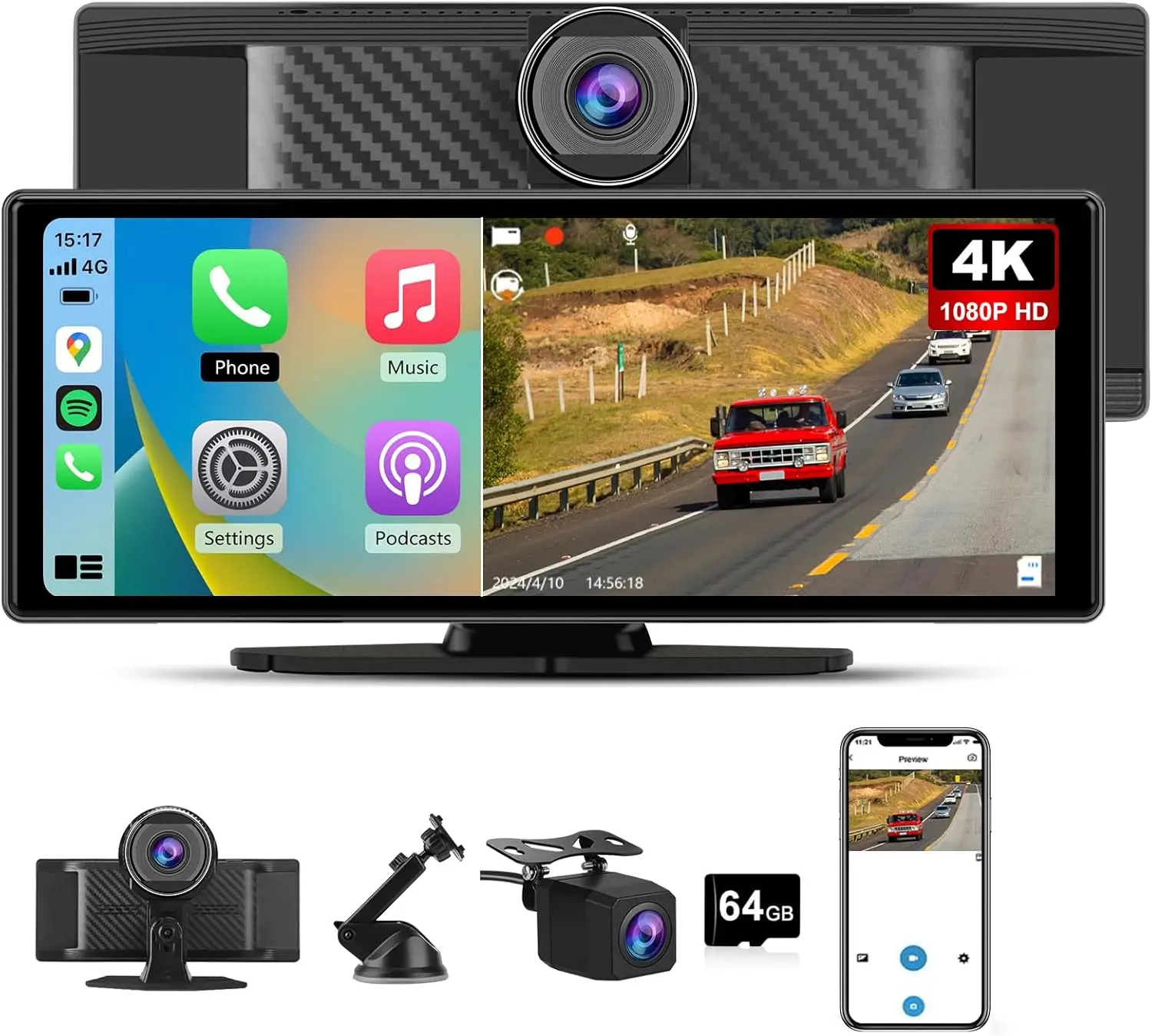 

CarPlay & Android Auto Car Stereo with 4K Dash Cam, 1080P Backup Camera, Touchscreen GPS Navigation, Bluetooth, Voice Control