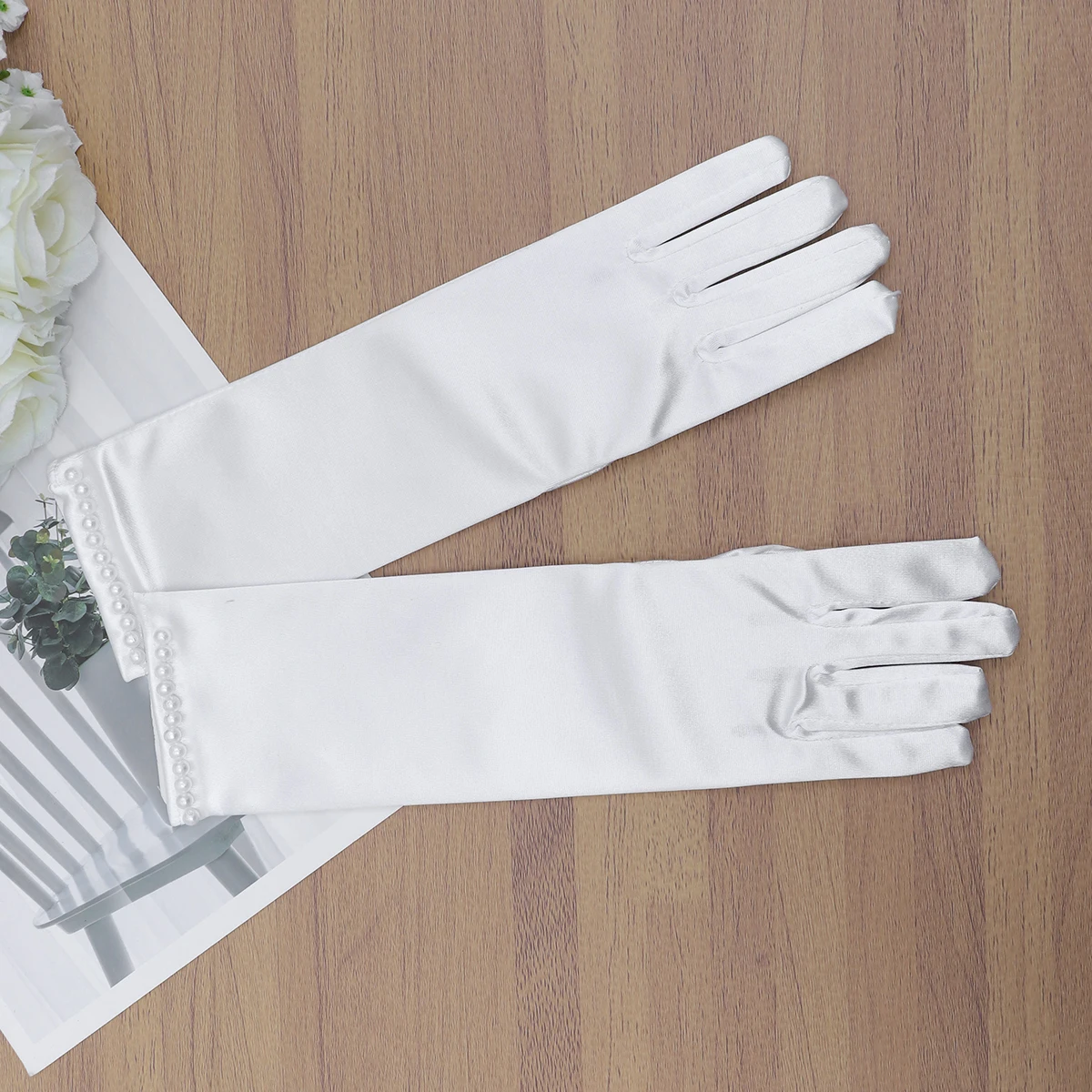 

1 Pair Wedding Flower Girl Gloves Long Satin Pearl Decor Dress Gloves for Wedding Evening Party - Size (White)