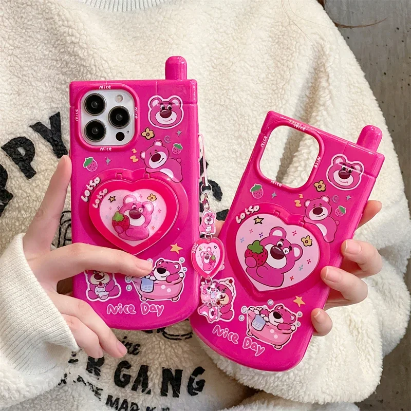 Cute Cartoon Disney Toy Story Lotso Hide Makeup Mirror Phone Case For iPhone 15 14 13 12 11 Pro Max Soft TPU Cover With Lanyard