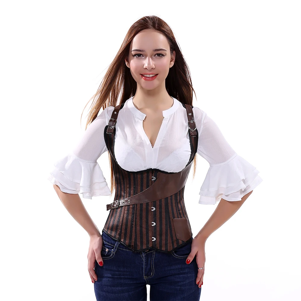 Gothic Pirate Corset Vest Women Corselet Steel Boned Striped Korset Steampunk Bustier Gorset