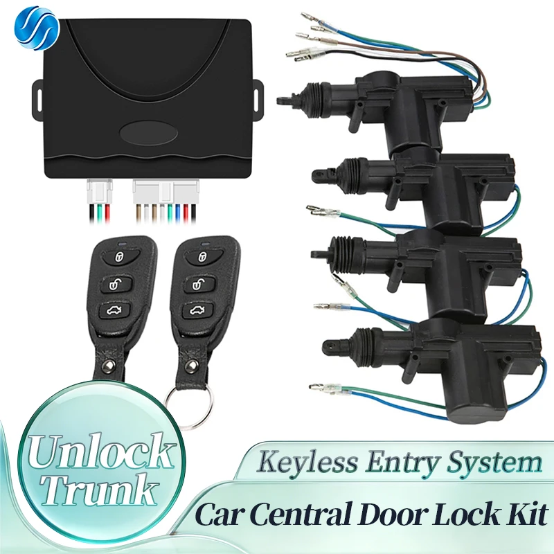Hippcron 12V Car Lock Door Remote Control Keyless Entry System Locking Kit with 4 Door Lock Actuator Universal 2 Remote