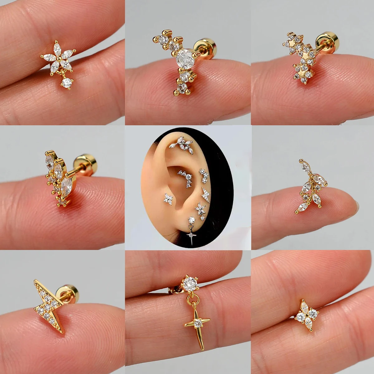 1PC Stainless Steel Geometry CZ Stud Earrings For Women Fashion Flower Leaf Lobe Daith Helix Cartilage Earring Piercing Jewelry