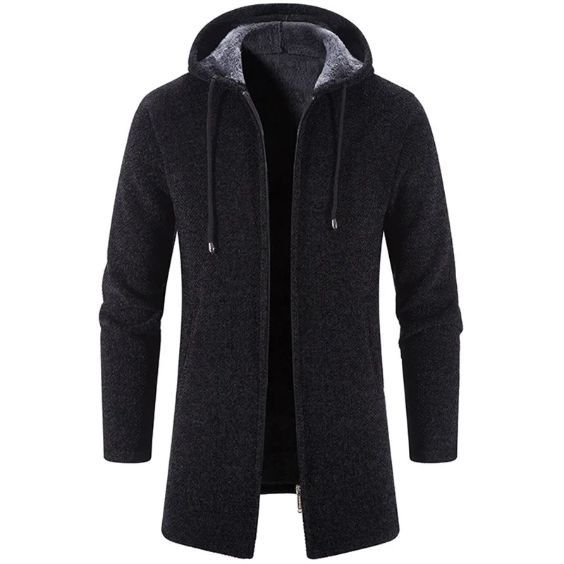 

Winter Knitted Sweater Trench Men Fashion Long Cardigan Outer Hooede Sweater Coat Mens Casual Fleece Warm Windbreaker Man