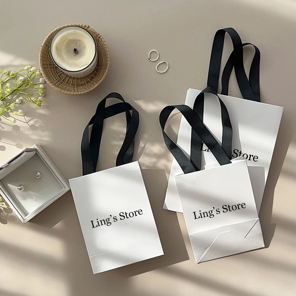 Custom Logo White&Black  Jewelry Handle Paper Tote Bag Wedding Favors DIY Gift Packaging Box Organizer Personalized Travel Pouch