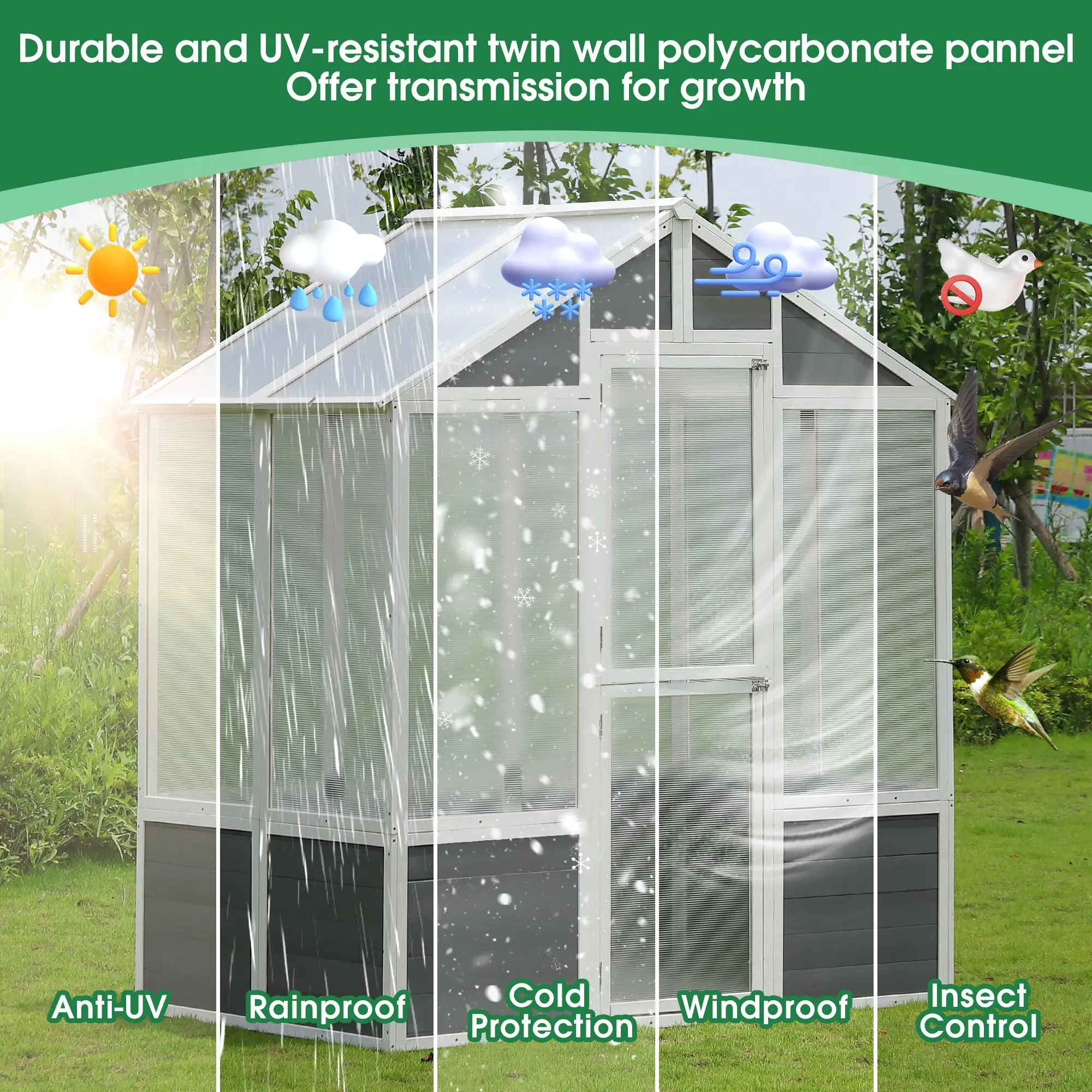 Wooden Polycarbonate Greenhouse 76''x48''x86'' - Walk-in Outdoor Plant Shed for patio & Backyard Gardening