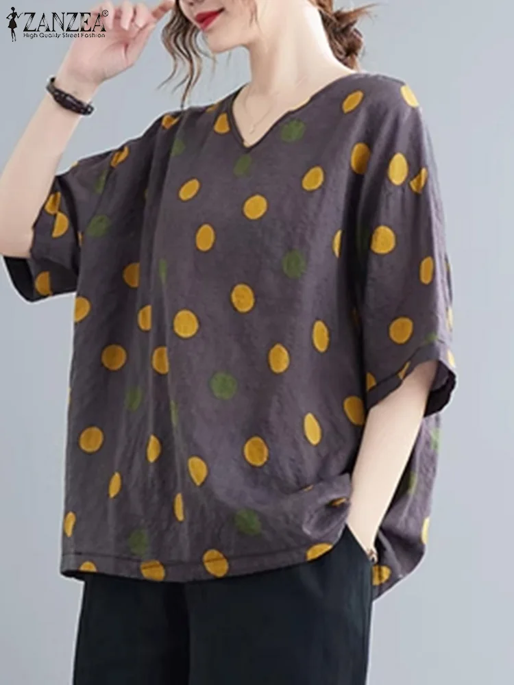 ZANZEA Women Baggy Dot Blouse Vintage Half Sleeve Tops Summer Casual Loose V-neck Tunic 2024 Elegant Holiday Blusas Oversiezd