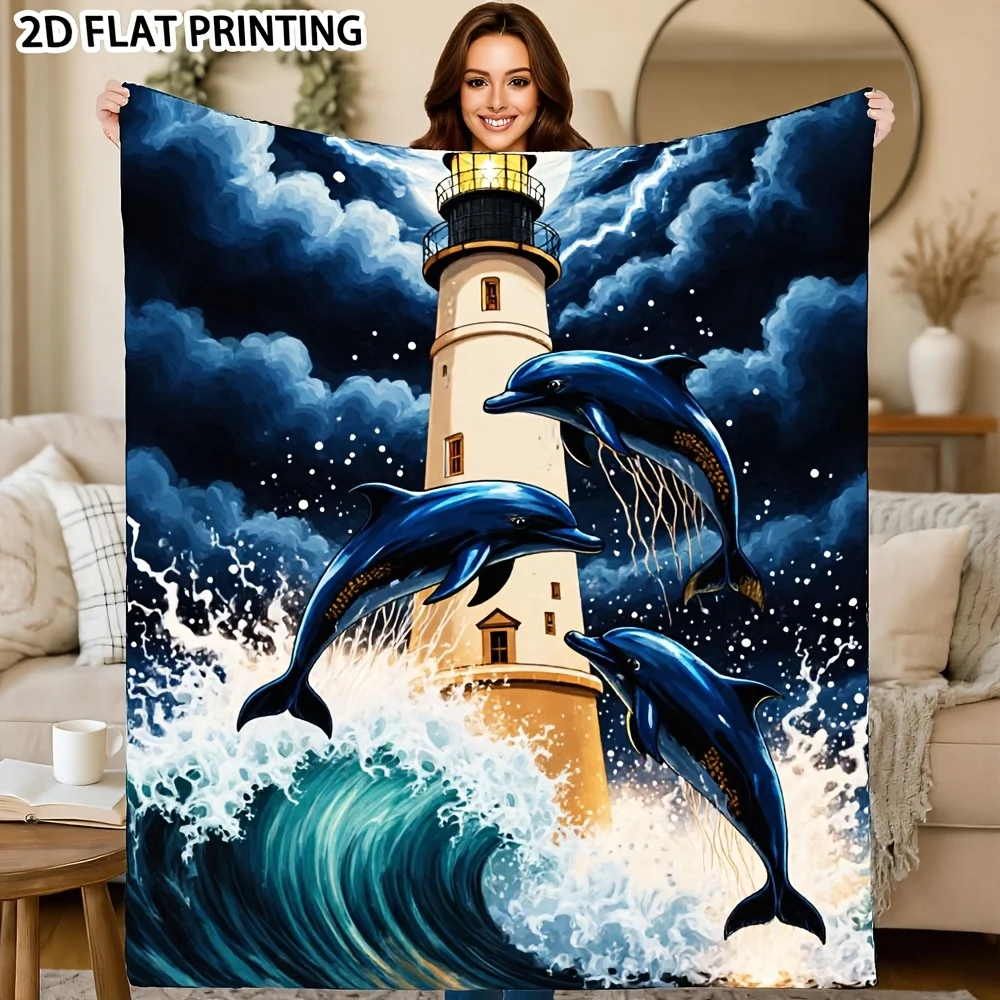 Cozy Lighthouse & Dolphin Throw Blanket, for Nap, Camping, Sofa and Bed, Contemporary Lighthouse‑Pattern Home Bedding