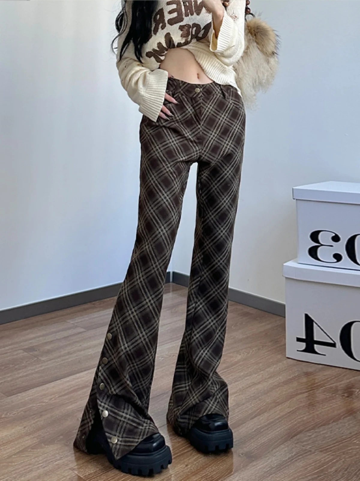 American Retro Fashion Diamond Pattern Printed Micro Flared Casual Pants, Spring and Autumn New Spicy Girl Versatile Pants