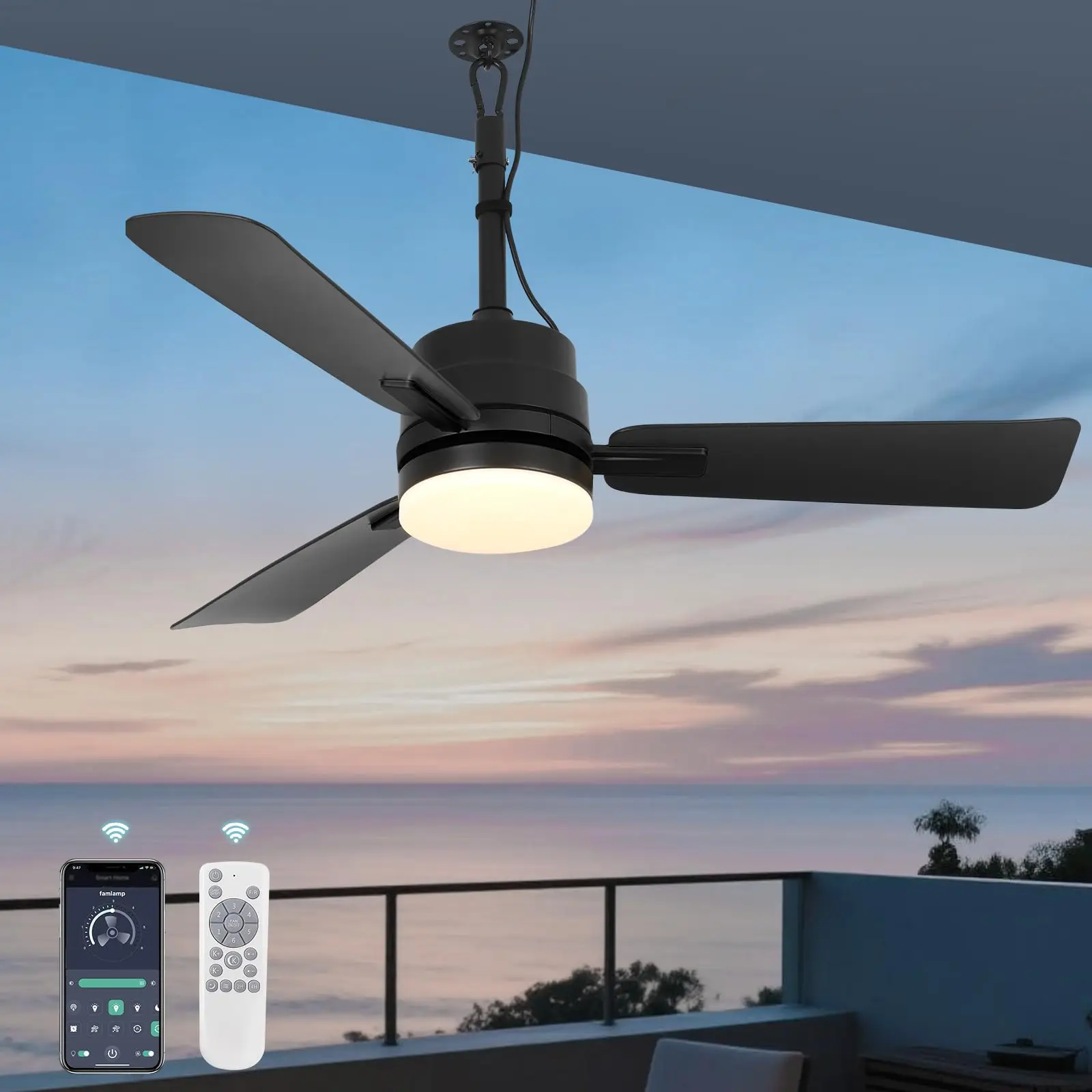 Simplicity Ceiling Fan with LED Lighting No Wiring Outdoor/Indoor Plug in Ceiling Fan 42 Inch Cool Home Ceiling Light Fans