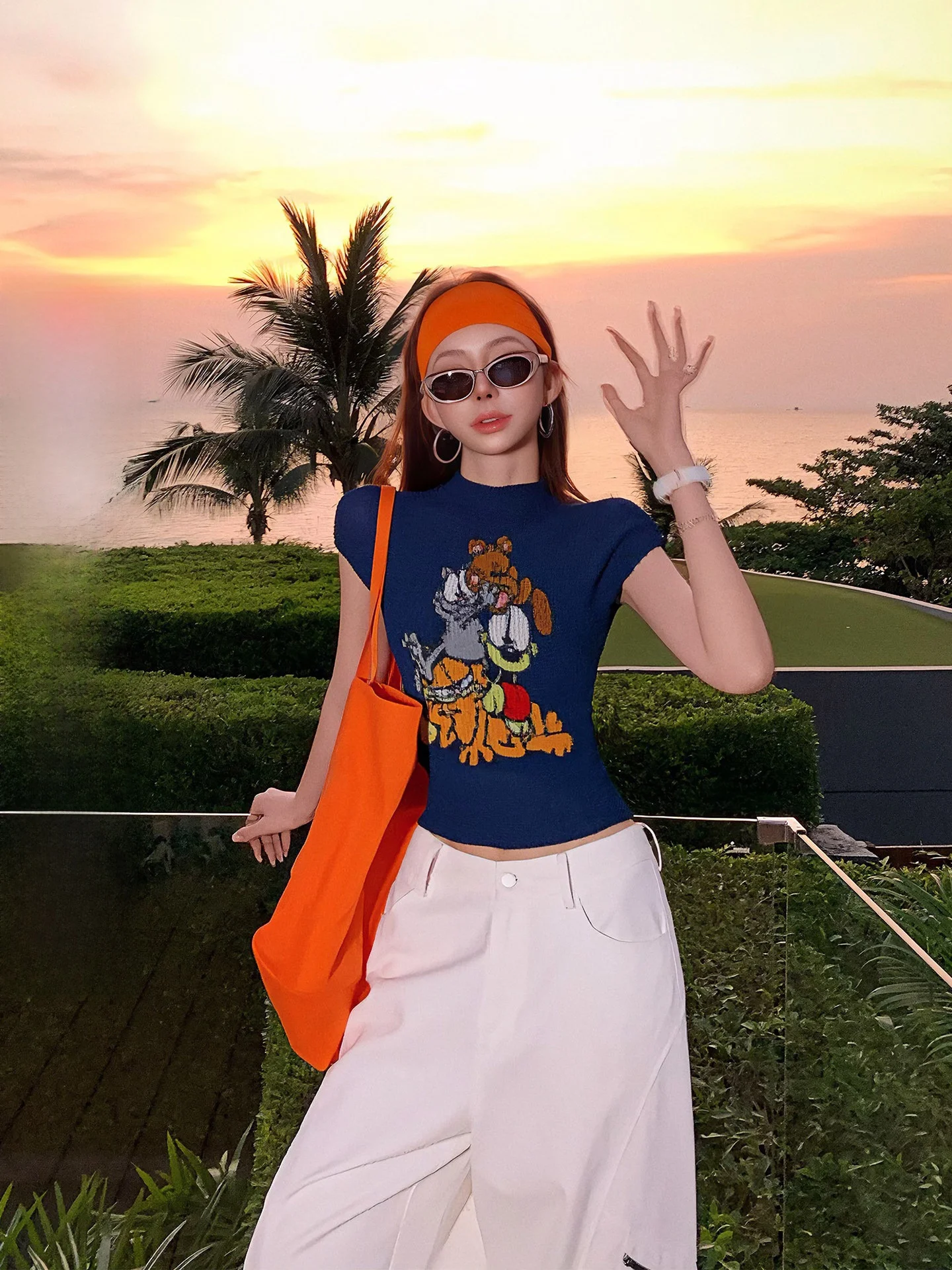 

Женская футболка Lililiwj Slimming Folded Cartoon Top оригинального дизайна в американском стиле из полиэстера с коротким рукавом и круглым вырезом, с принтом
