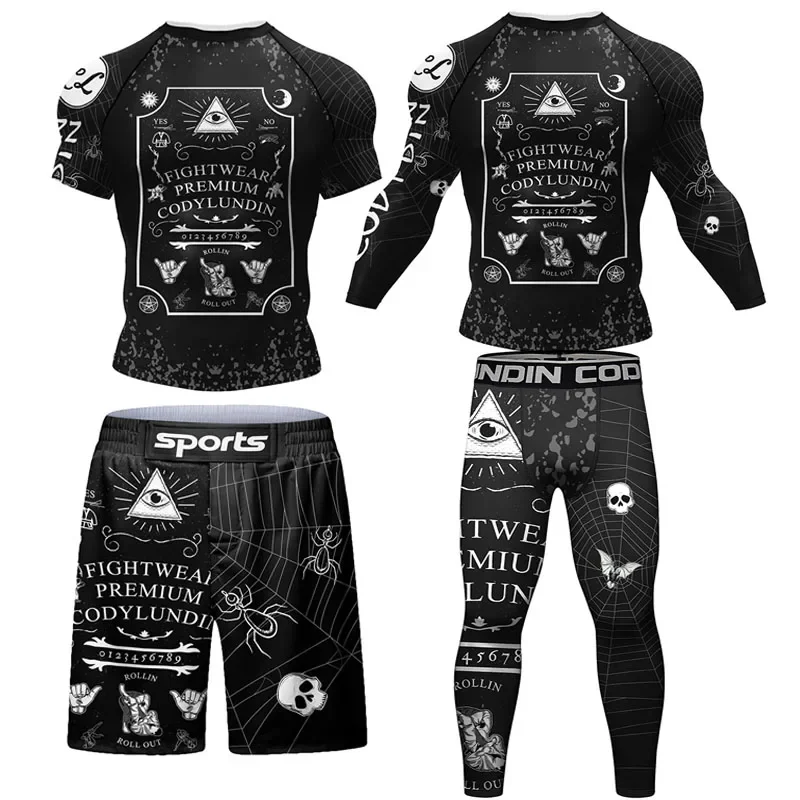 Skull Jiu Jitsu Rashguard For Men MMA T-shirt +Shorts Pant Set Brazilian Grappling Bjj Boxing Rash Guard Gym Boxeo Sport Jerseys