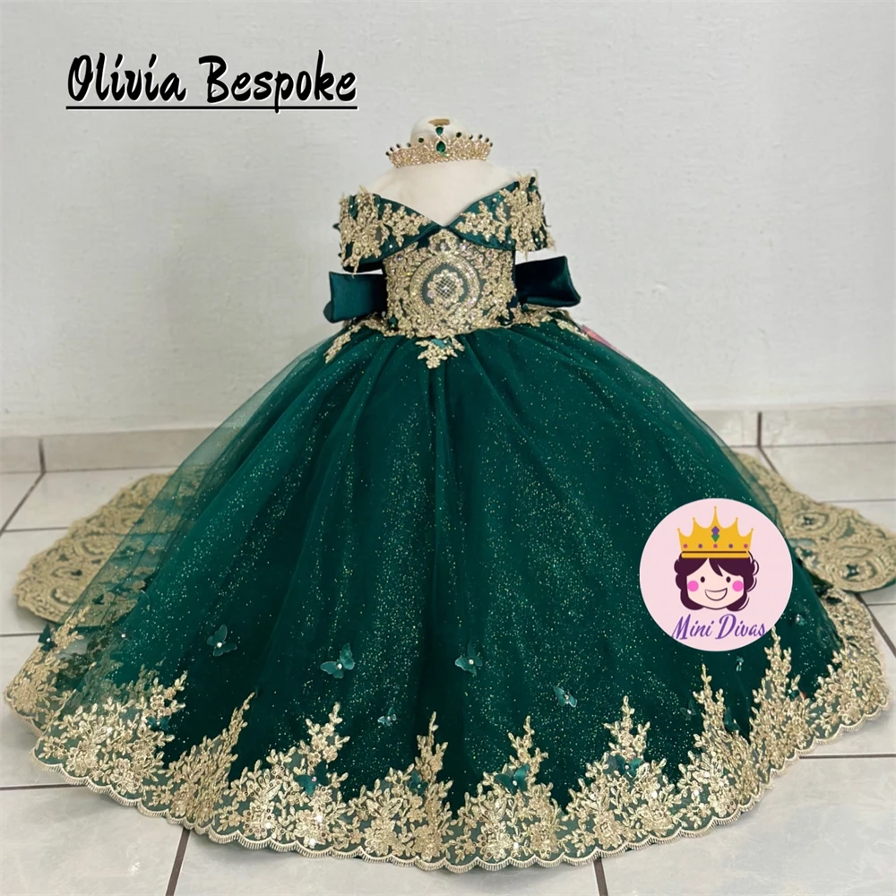 Shiny Emerald Green Flower Girls Dresses Gold Lace Appliques Ball Gown Off The Shoulder Wedding Party Dress Birthday Gown