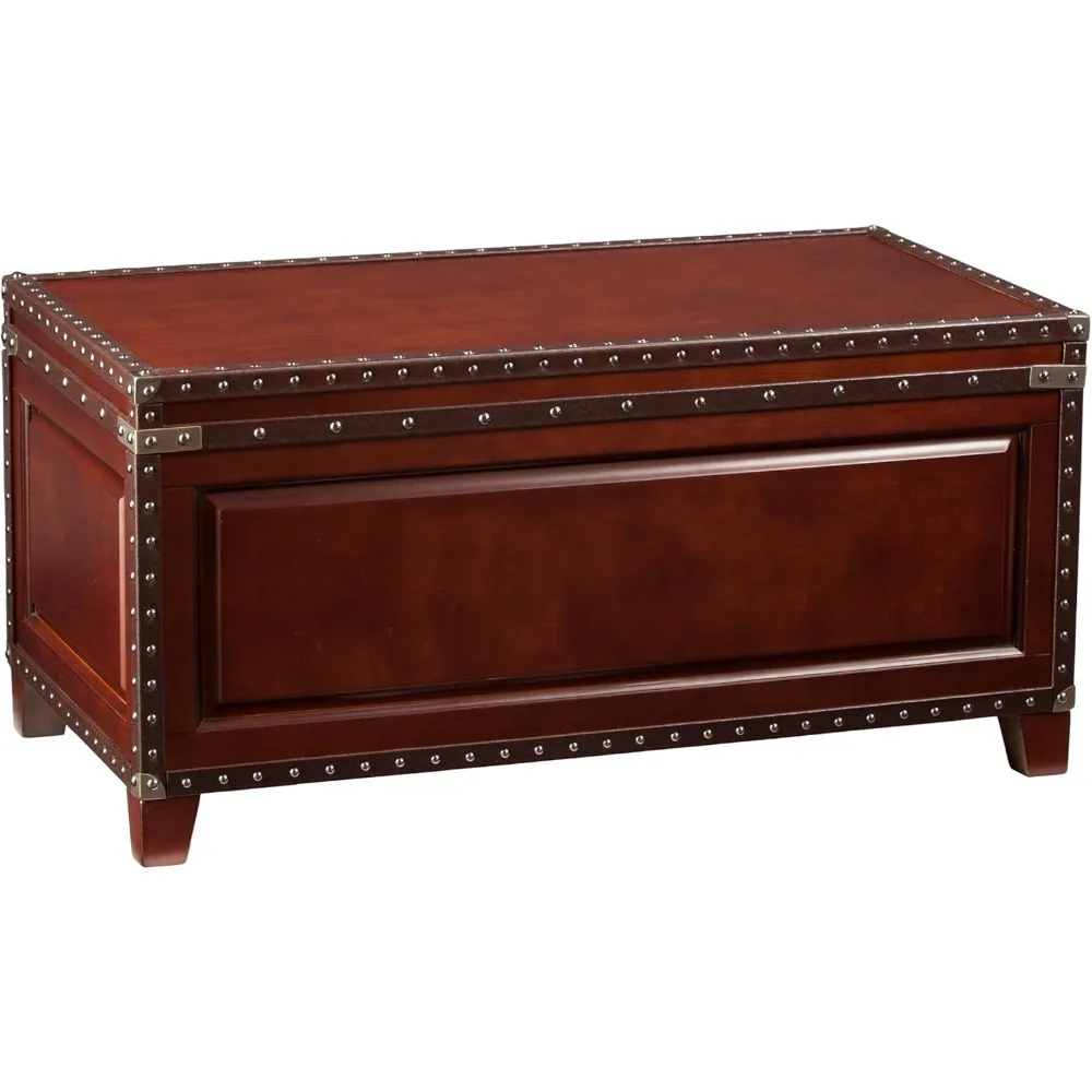 Amherst Trunk Coffee Table with Faux Leather & Nailhead Trim, Dark Cherry/Espresso/Antique Bronze