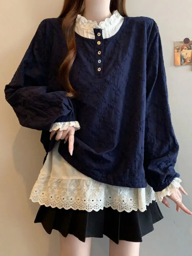 

Кружевная женская блузка больших размеров, весна 2026, новая, повседневная, свободного кроя, скрывающая живот, имитация двухслойности, элегантная и красивая