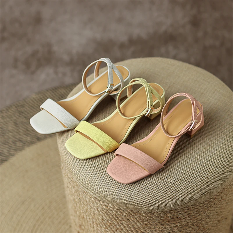 Meotina Women Genuine Leather Ankle Strap Sandals Square Toe Block Mid Heels Buckle Ladies Fashion Shoes Summer Yellow Pink 43