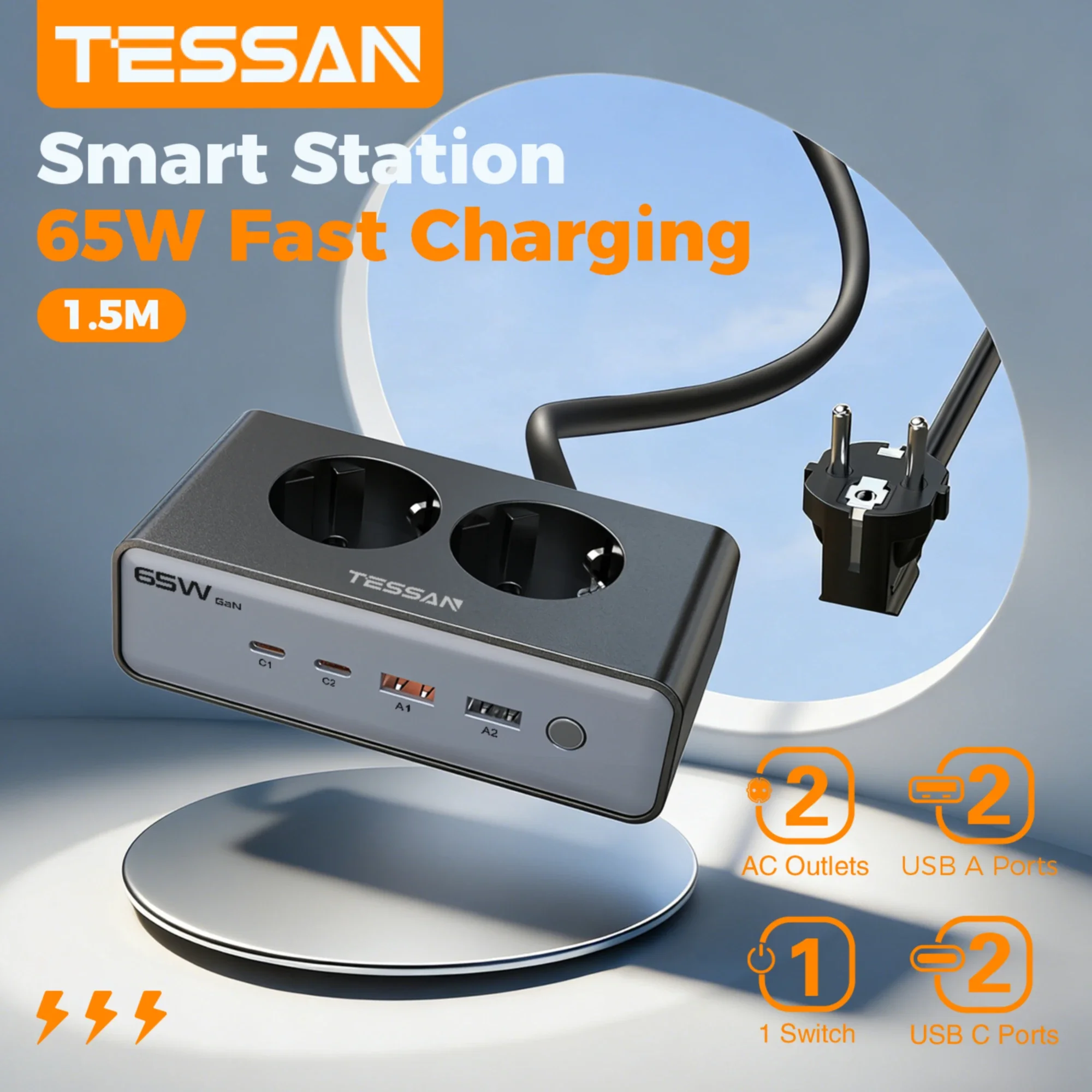 TESSAN USB C 65W Fast Charging Power Strip with 1.5m Cable 2 AC Outlets 2 USB A 2 Type C Ports Charger Station Surge Protection