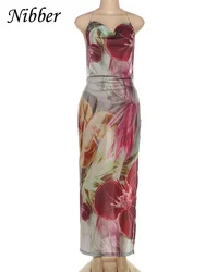 Nibber Bead Chain Halter Dress Y2K Floral Print Elegant Sexy Swing Collar Backless Birthday Midnight Party Split Maxi Bodycon
