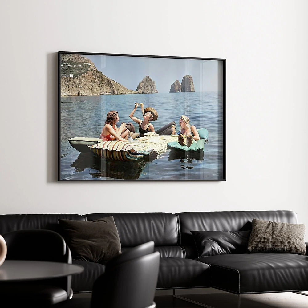 Women Eating Pasta on Lake Picnic Funny Art Vintage Wall Art Canvas Painting Poster and Print Picture for Living Room Home Decor