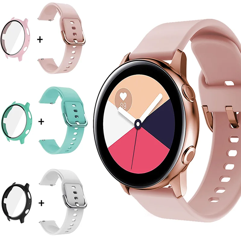 Szklane etui + pasek + ochraniacz ekranu do Samsung Galaxy Active 2 40 mm 44 mm PC + osłona zderzaka 20 mm paski do zegarków do akcesoriów Active2