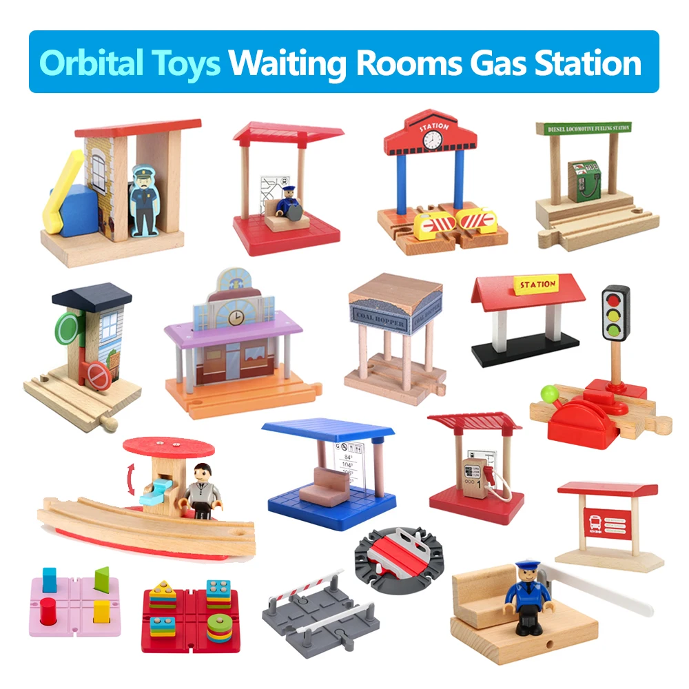 Children's Train Track Scene Gas Station Convenience Store Traffic Light Plug-In Toy Assembly Compatible With Wooden Tracks S31