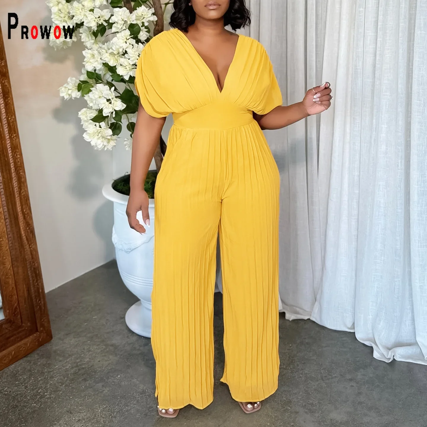 

Prowow Sexy V-neck Women Jumpsuits High Waist Slim Fit One-piece Romper Backless Solid Color Female Pleated Wide Leg Pant