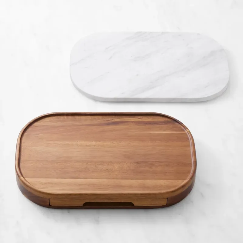 Elegant drawer design deli board white marble and Acacia wood board, cheese cutting board with knife