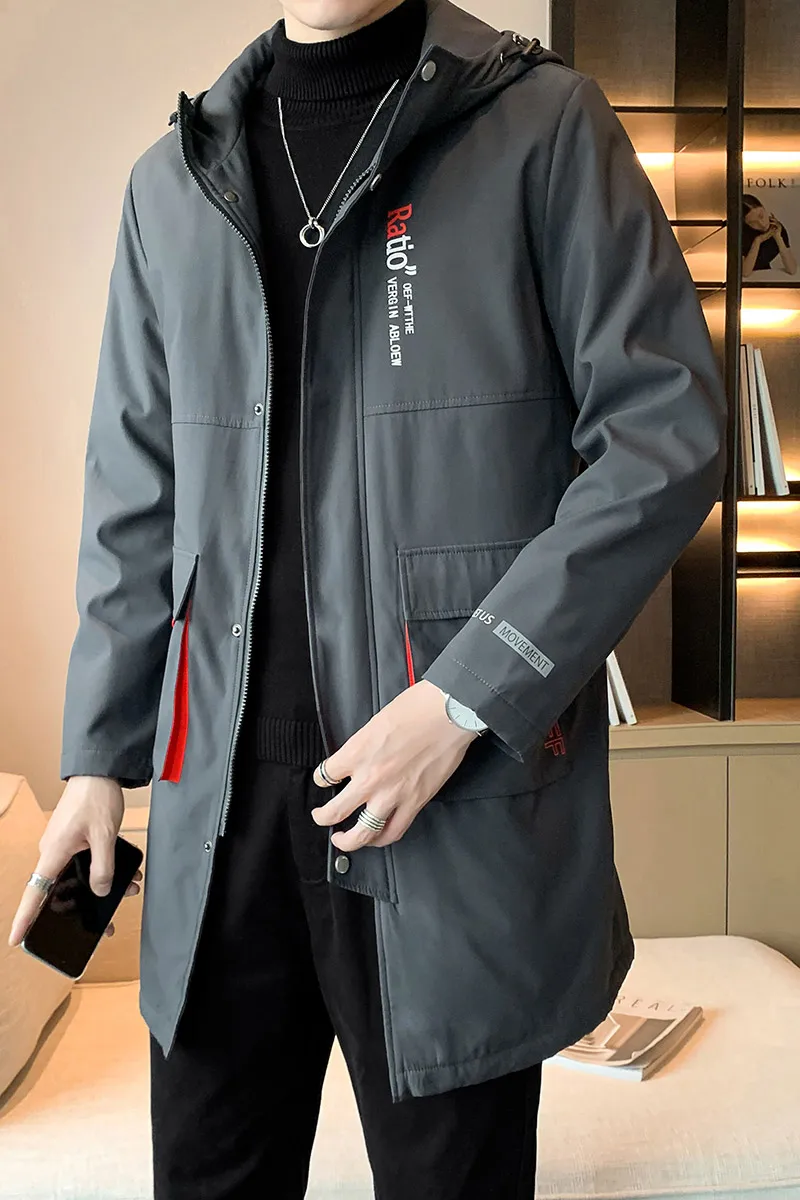 2024 autumn winter men\'s windbreaker new casual jacket fashionable windbreaker man\'s mid to long hooded jacket men