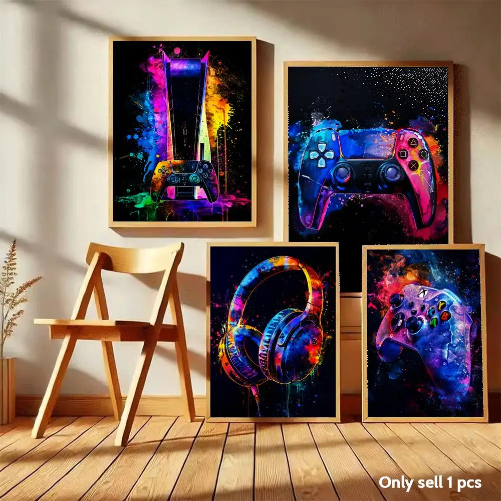Watercolor Neon Video Game XBOX GamePad Headset Poster Home Living Bed Room Bar Hallway Sticky Wall Art Printing Aesthetic Decor