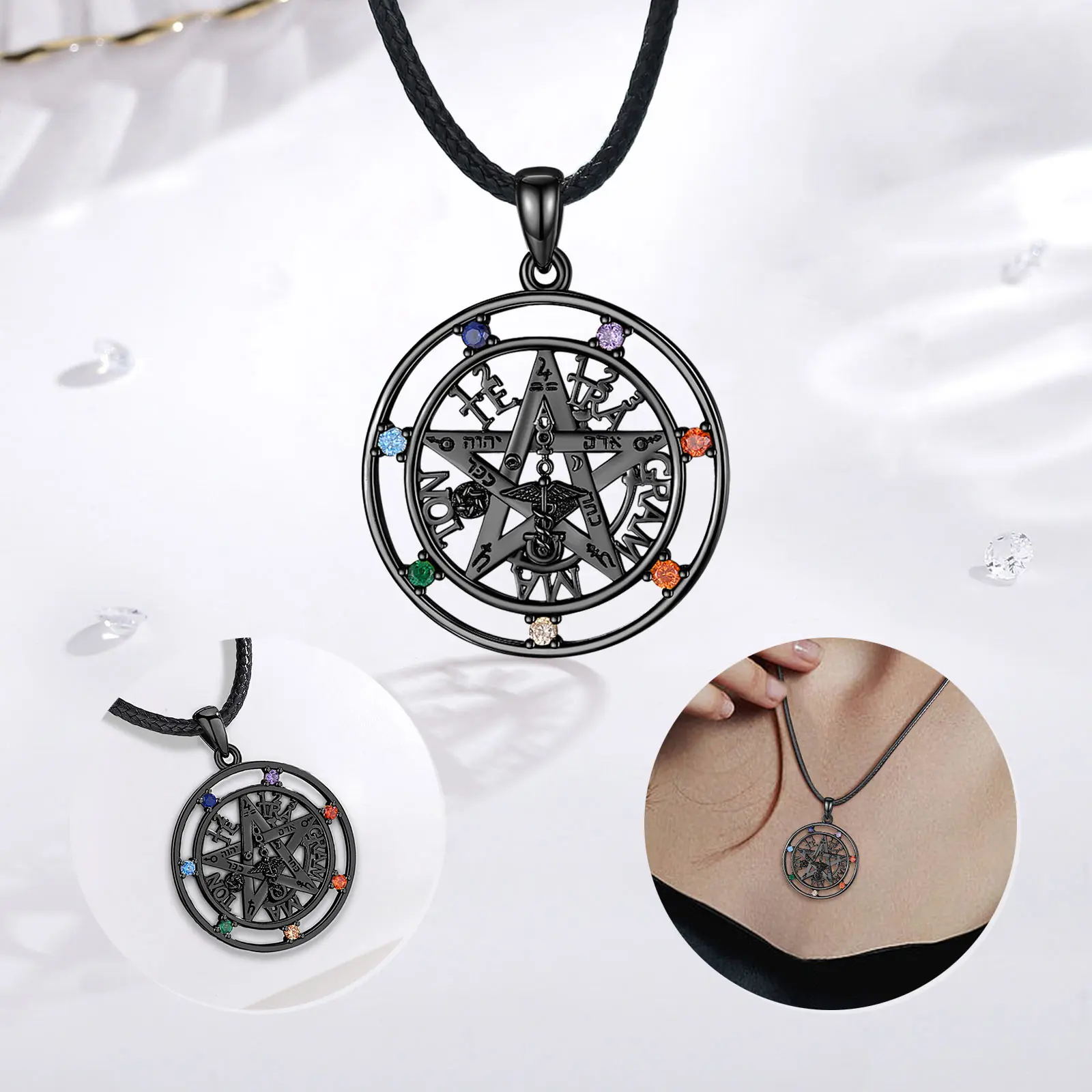 Eudora collana con amuleto pentagramma in argento Sterling 925 7 colori Chakra ciondolo Tetragrammaton nero Lucky Star uomo donna gioielli