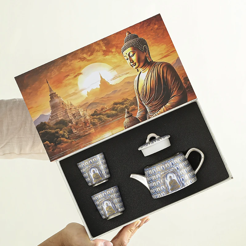 

Dunhuang Wanfo Chaozong intangible cultural heritage high-end Kung Fu silver tea set set is offered to the teacher's