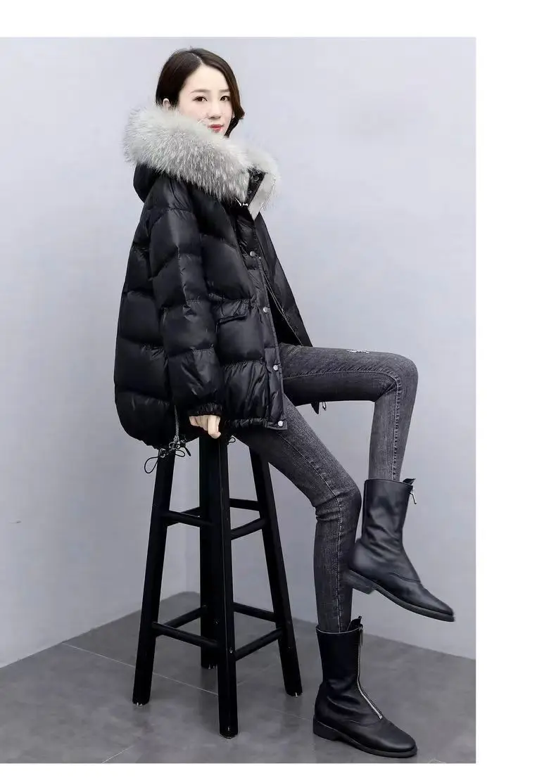 2026 Winter New Warm Down Cotton Jacket With Large Fur Collar Hooded Coat Loose Women Thicken Parker Puffer Overcoat Casual Wear