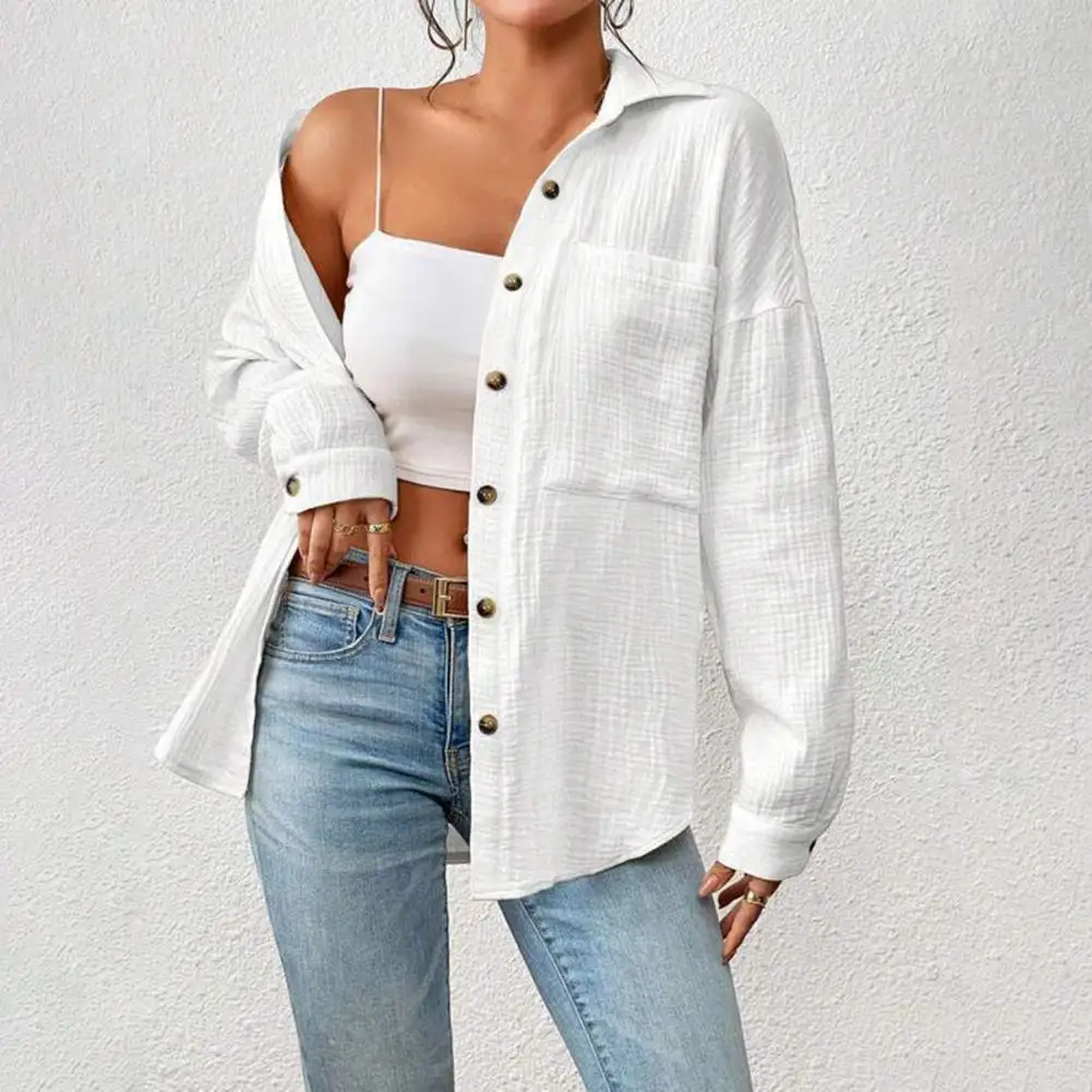 Women Casual Shirt Stylish Women's Button Down Shirt with Lapel Collar Patch Pocket Casual Long Sleeve Blouse for Work Daily