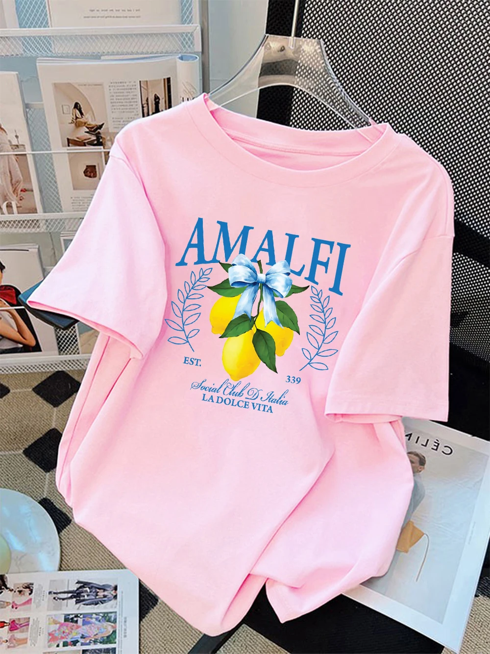 Sommer-T-Shirts aus Baumwolle für Damen, Amalfi-Küste, Zitronenfrüchte, bedruckt, kurzärmelig, bequem, weich, O-Ausschnitt, Freizeitkleidung
