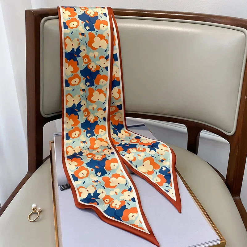 2024 Fashion Silk Scarf for Women Narrow Long Wrist Small Ribbon Hair Band Scarves Foulard  Female Floral Print Kerchief