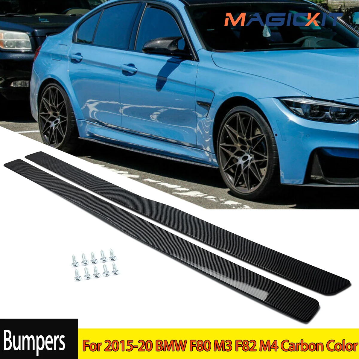 For 2015-20 BMW F80 M3 F82 M4 M Sport Side Skirts Extension Lip Carbon Look Pair