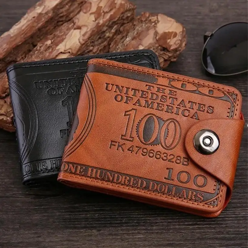Nuevo europeo y americano vintage corto billetera de dólar de los hombres presionado hebilla magnética tres veces el dinero clip tarjeta bolsa cero billetera
