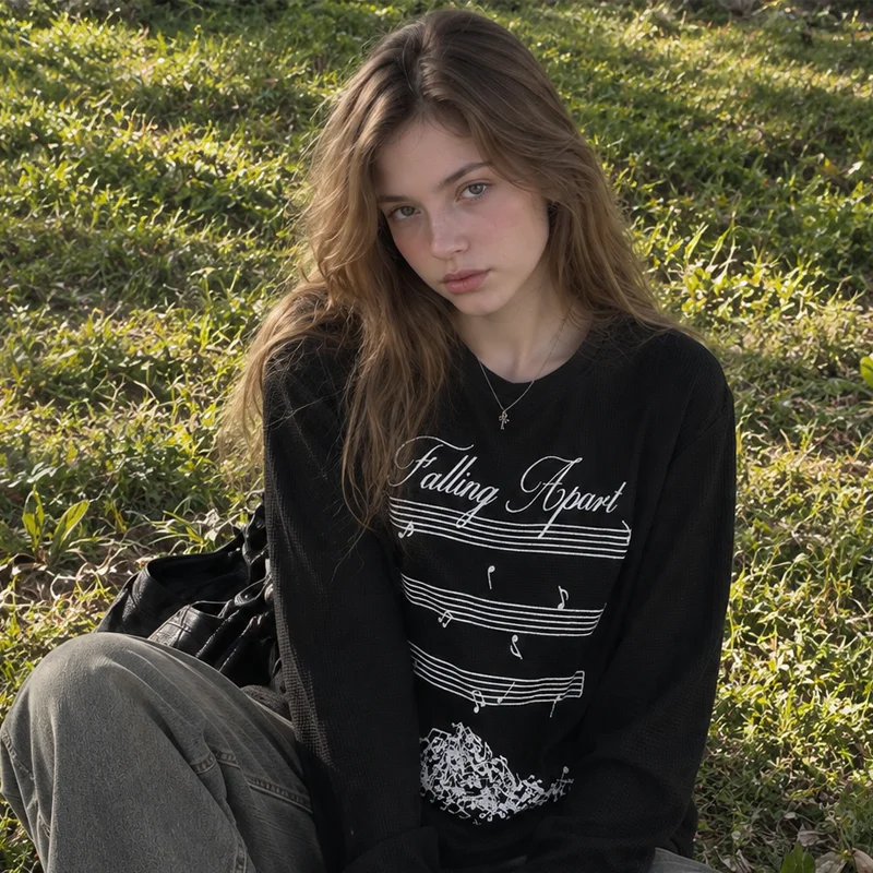 Women Black Graphic Long Sleeve Shirt Music Note Print Crew Neck Loose Y2K Vintage Grunge Casual Streetwear Pullover Top