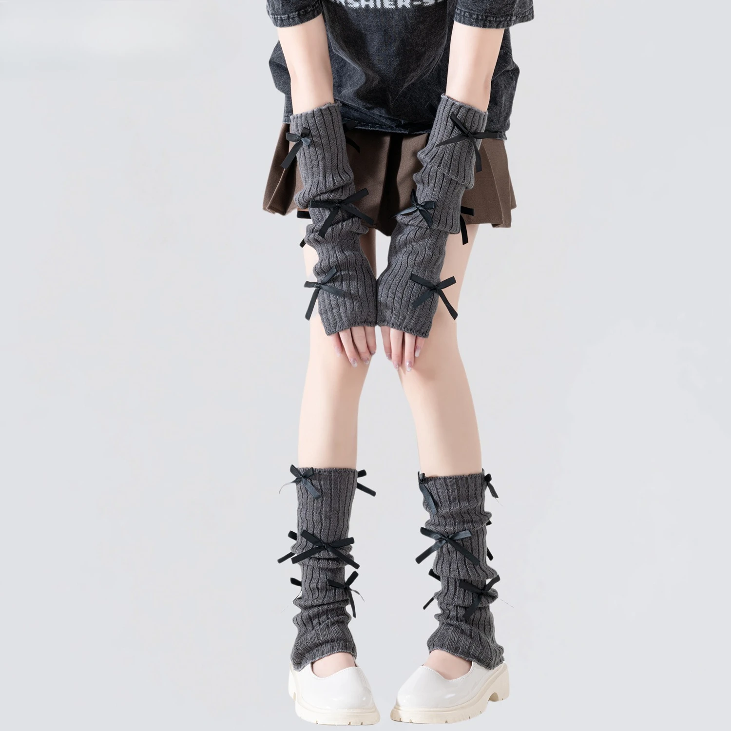 2-teiliges Handschuh-Sockenset, Kombination aus Y2K-Armset, Subkultur, freiliegende Finger, Schleife, Handschuh, Stapel, Socken-Set, Beinset