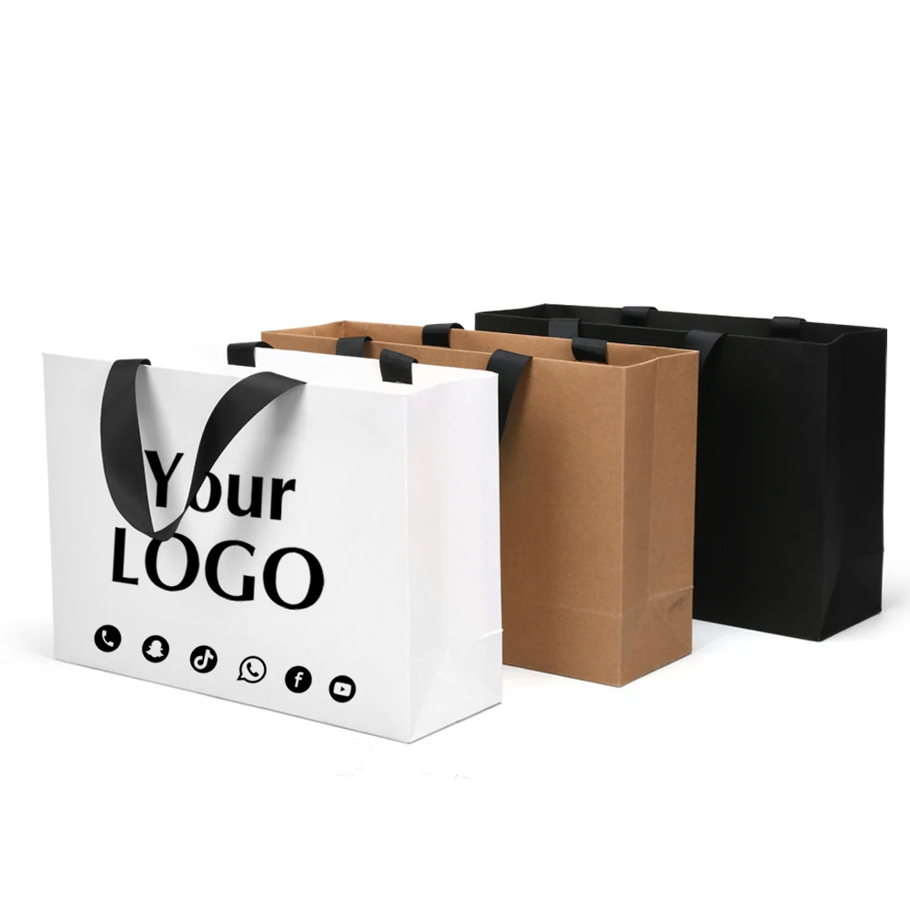 

50Pcs/lot Customized Logo Paper Gift Bags with Handle Print Logo On One Side Paper Bags For Christmas Wedding Party Free Design