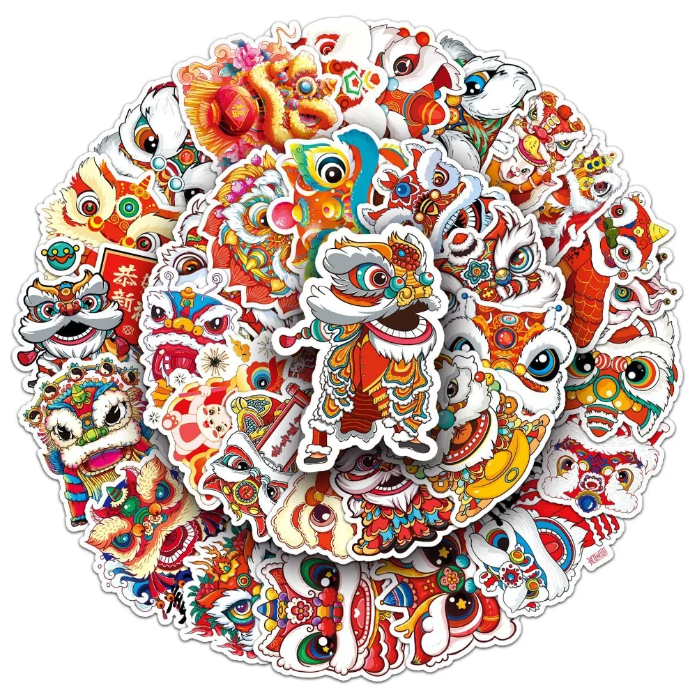 50Pcs Graffiti Stickers China Lion Dance Decorative Stickers Waterproof PVC Lion Dance Series Cartoon Sticker Colorful Decals