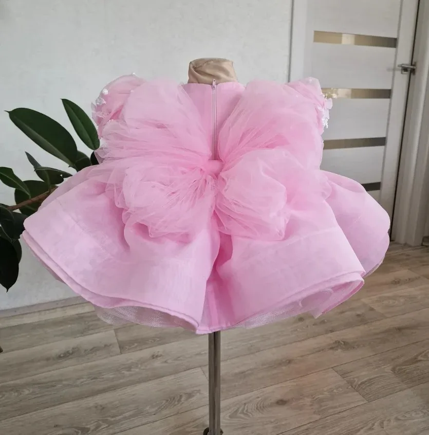 Vestidos de niña de flores rosas personalizados para boda, Apliques de encaje con cuentas, vestidos de fiesta de cumpleaños para niños de primera comunión