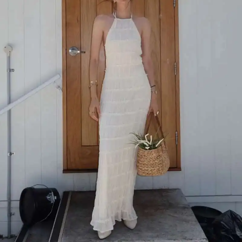 Women's Sexy Halter High Waist Beach Robe Fashion Hollow Backless Party Dresses Summer Seaside Vacation Pleated Long Dress